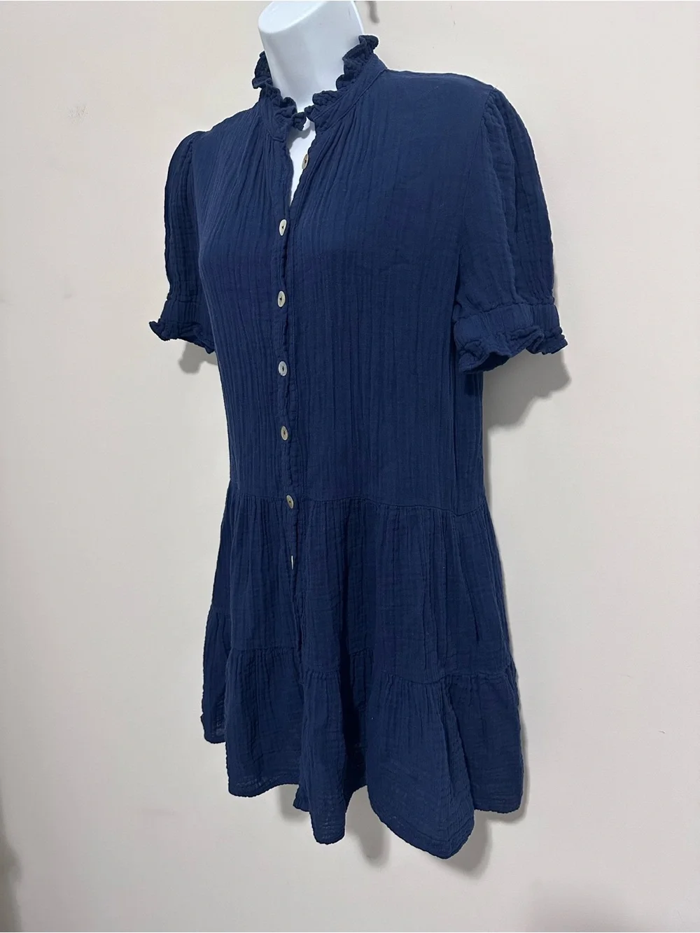 Stark X Navy Cotton Gauze Tiered Button Front Mini Dress | Ruffle Collar - Picture 4 of 10